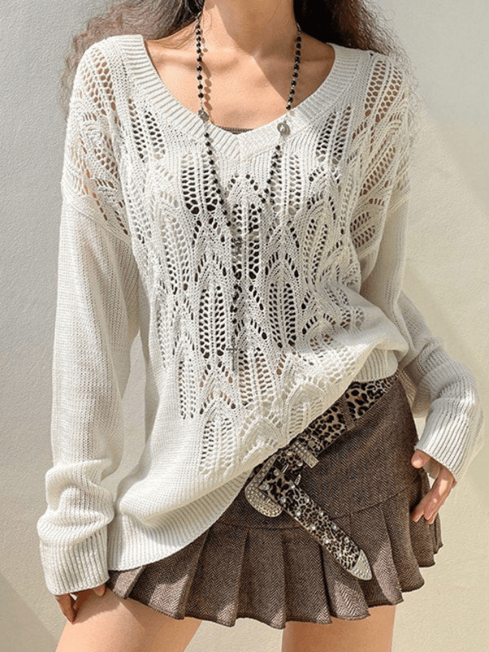 White Pointelle Knit Long Top