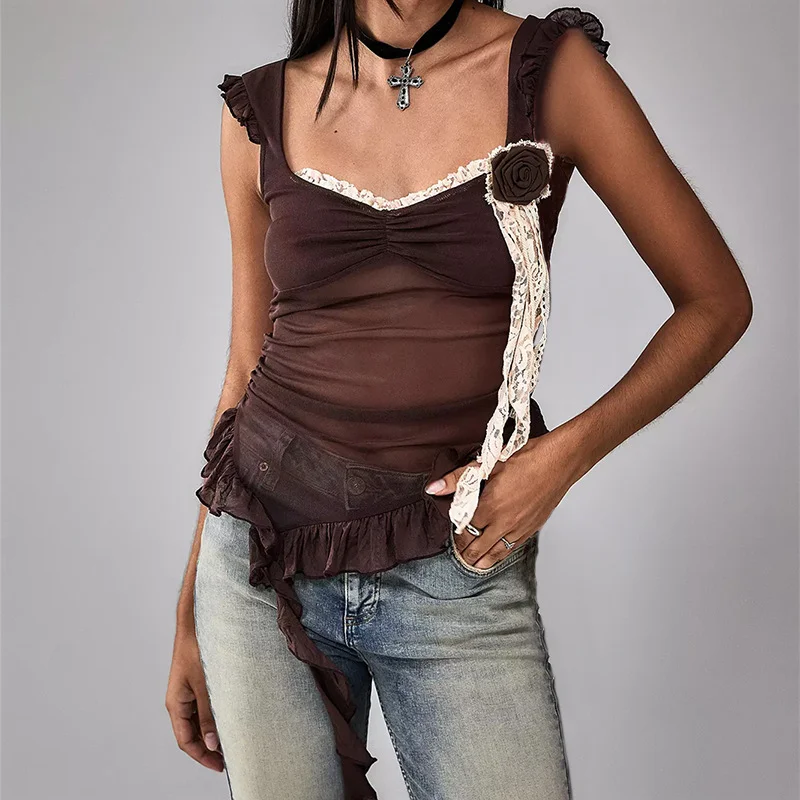 Uveng Uveng Summer New Women's Fashion Sexy Wood Ear Splicing Temperament Gauze Small Vest