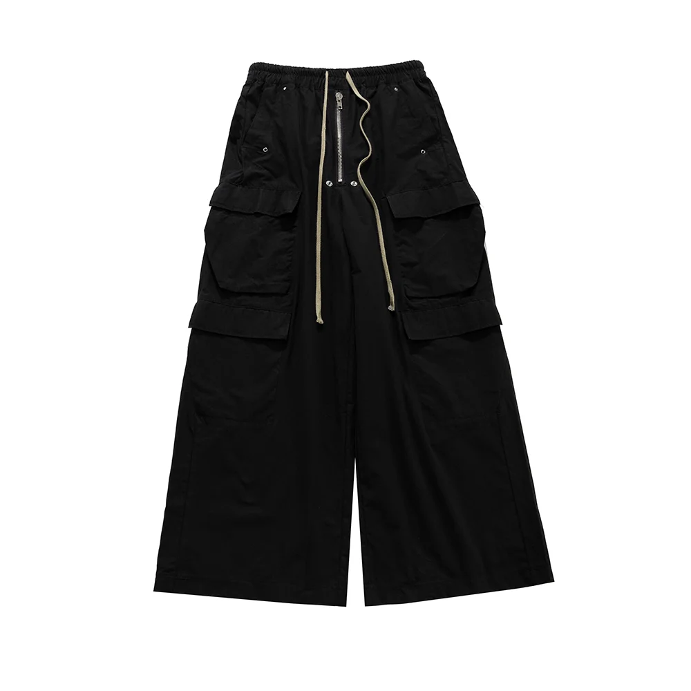 Abebey-Ro Style Wide Leg Drawstring Black Cargo Pants Unisex Straight Baggy Casual Overalls Men's Streetwear Loose Oversized Trousers