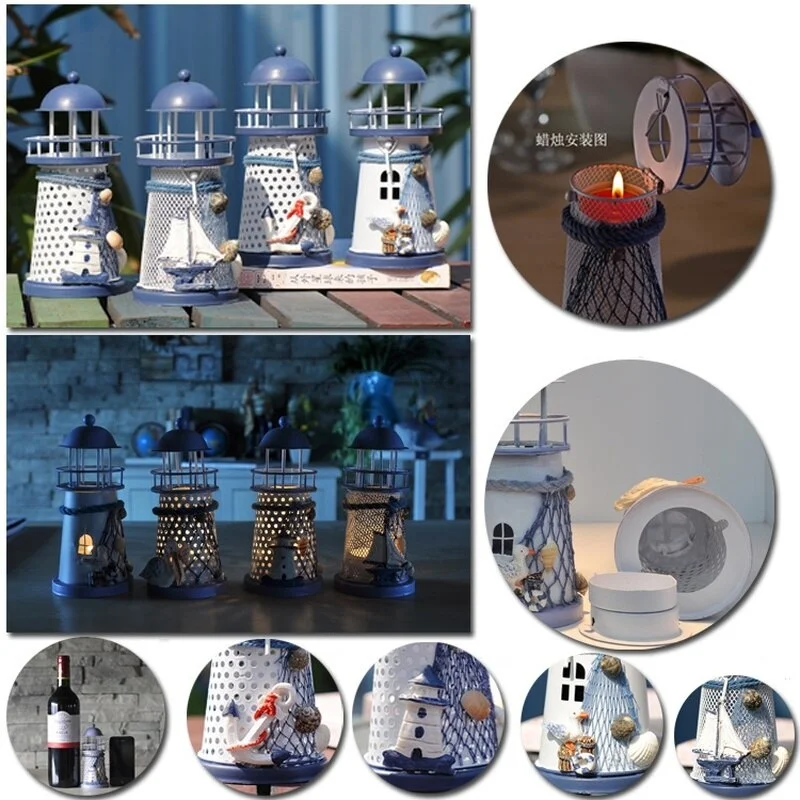 1PCs Creative Candle Holders Mediterranean Lighthouse Iron Candle Candlestick Blue White Candles Rack Stand Home Table Decor