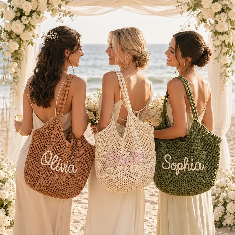 Personalised Straw Knitted Beach Bag and Crochet Tote - Unique Bridesmaid Gift Bags, Travel Wedding Favor, Bachelorette Trip Present