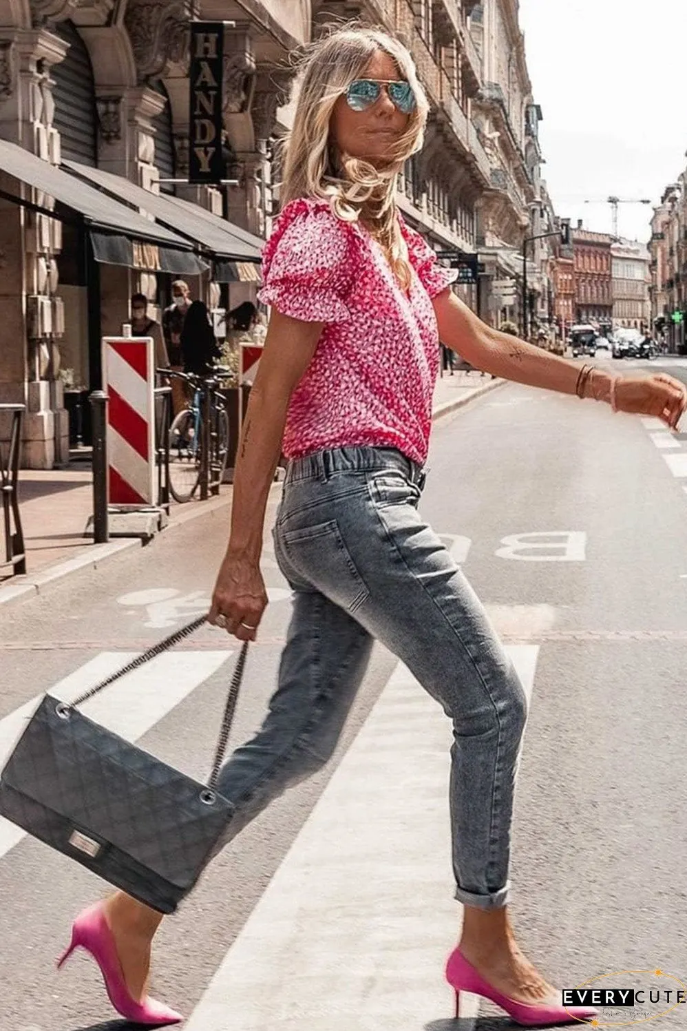 Layered Plaid Short Sleeve V-Neck Lotus Leaf Blouses