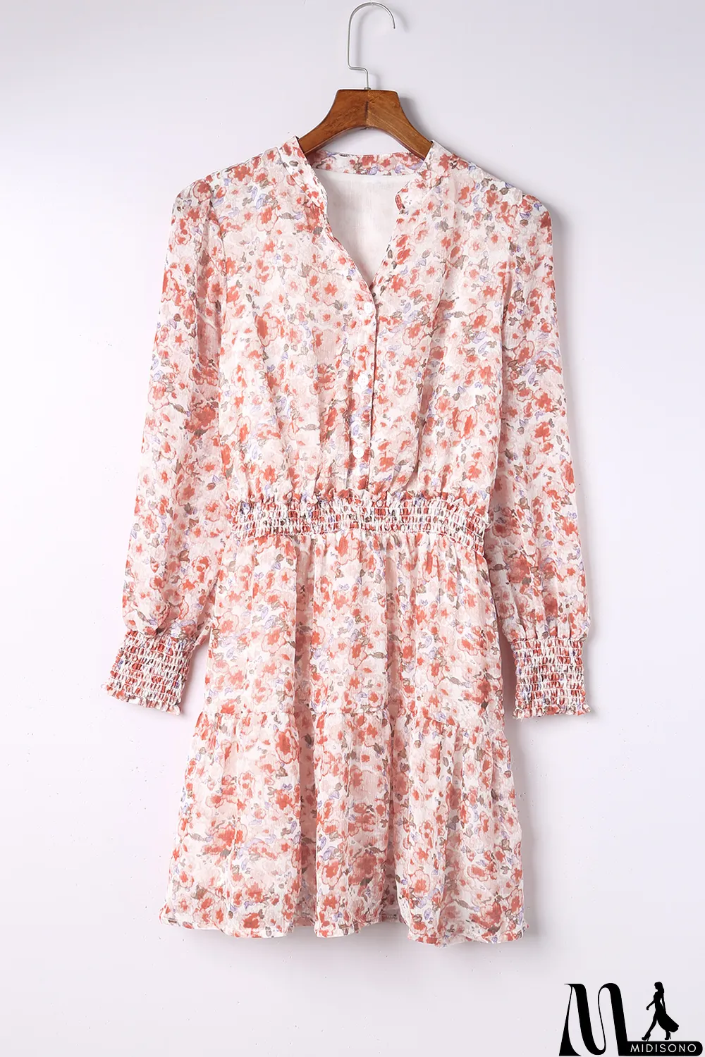 MidiSono - Red Shirred High Waist Floral Mini Dress