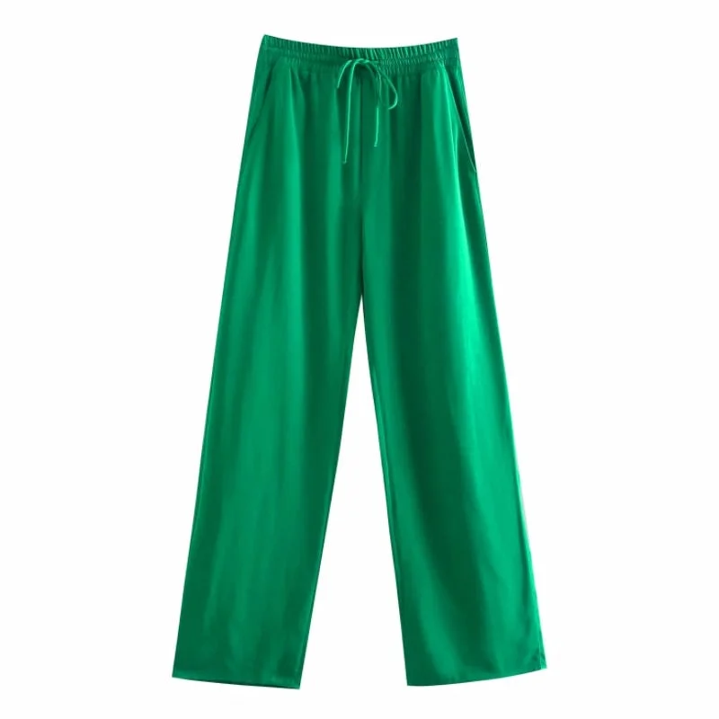 Summer Women Elastic Waisted Green Straight Pants Casual Lady Loose Trousers P2081