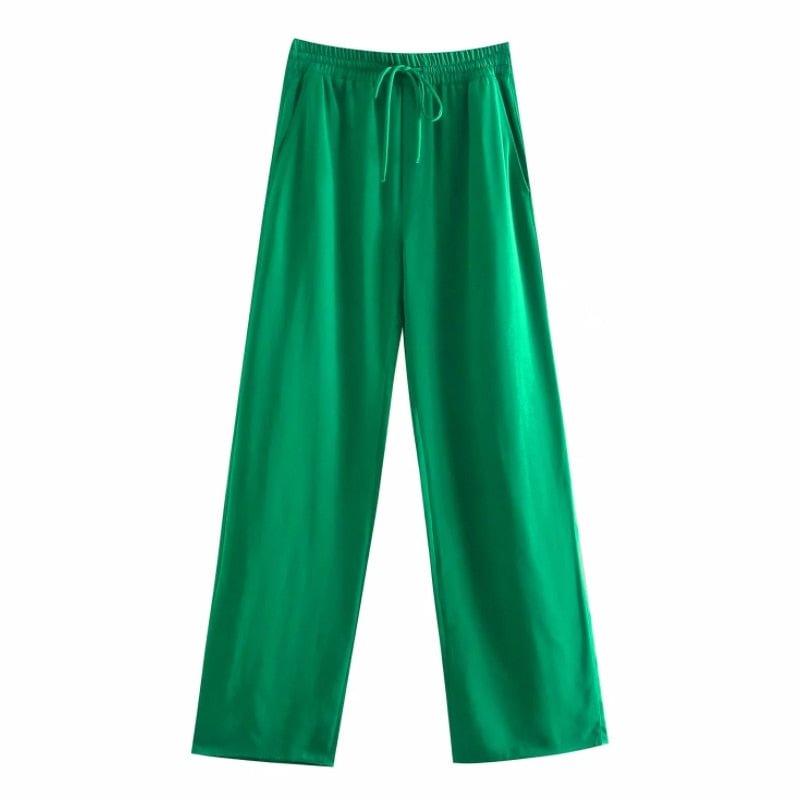 Summer Women Elastic Waisted Green Straight Pants Casual Lady Loose Trousers P2081