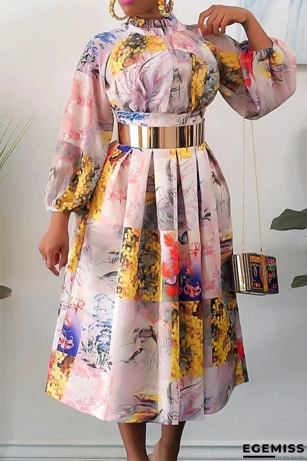 Apricot Fashion Casual Print With Belt Turtleneck Long Sleeve Dresses | EGEMISS