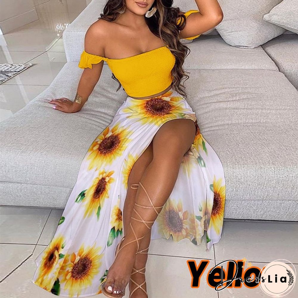 Newest Fashion Summer Women Elegant Two Pieces Sets Cropped Top & Split Skirt Temperament Drop-Shoulder Frilled Top And High Waist Split Dress