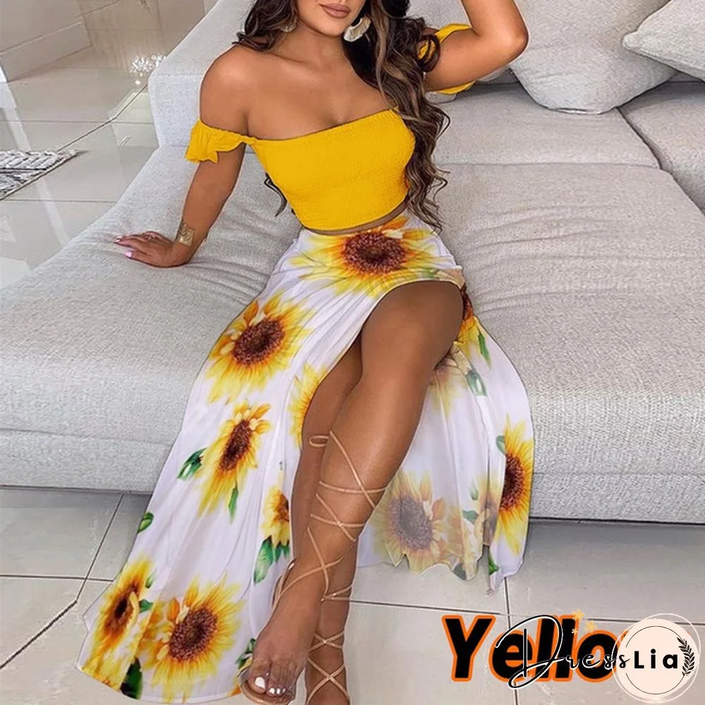 Newest Fashion Summer Women Elegant Two Pieces Sets Cropped Top & Split Skirt Temperament Drop-Shoulder Frilled Top And High Waist Split Dress