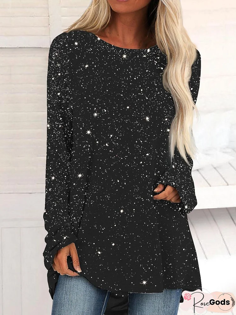 Plain Sequins Medium Length Loose Top T-Shirt Plus Size