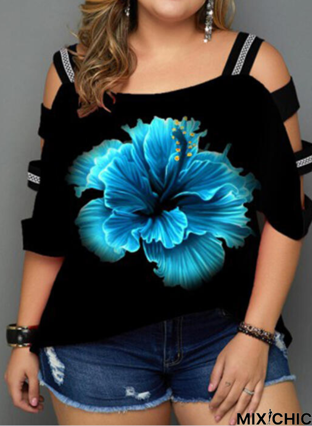 Print Floral Cold Shoulder 3/4 Sleeves Casual Plus Size T-Shirts