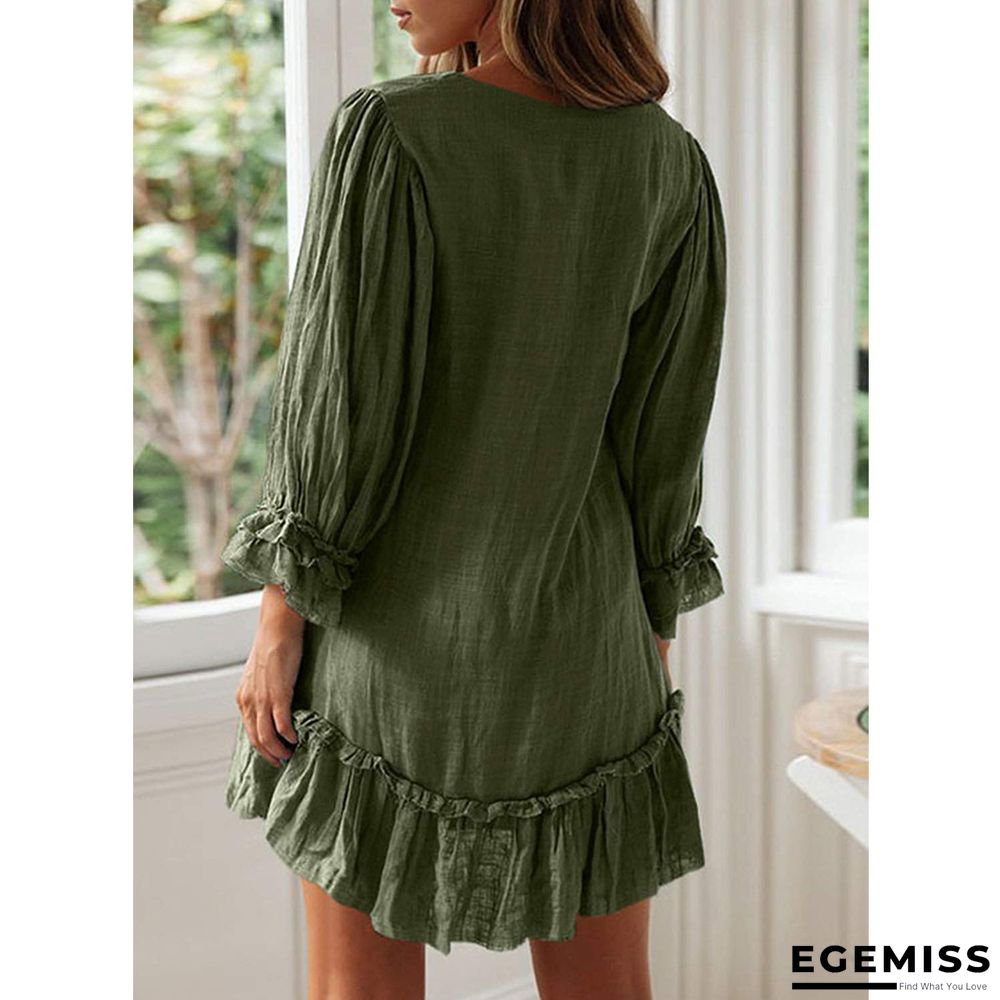 A-line Skirt Loose Long Sleeve Ruffle Hem Cotton Linen Dress | EGEMISS