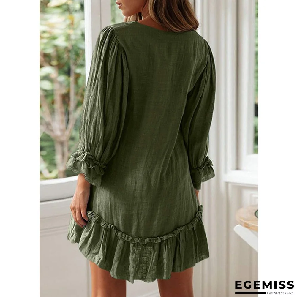 A-line Skirt Loose Long Sleeve Ruffle Hem Cotton Linen Dress | EGEMISS