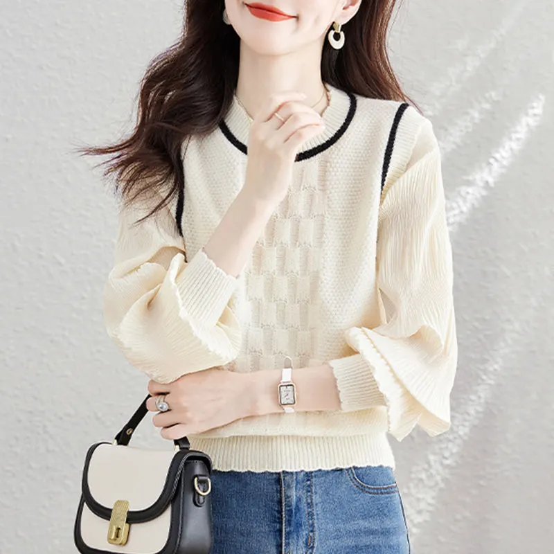 Churchf Churchf New Foreign Style Show Thin Sweater Female False Two Stitching Gauze Sleeve Knit Sweater Autumn And Winter Loose Long-Sleeved Jacket