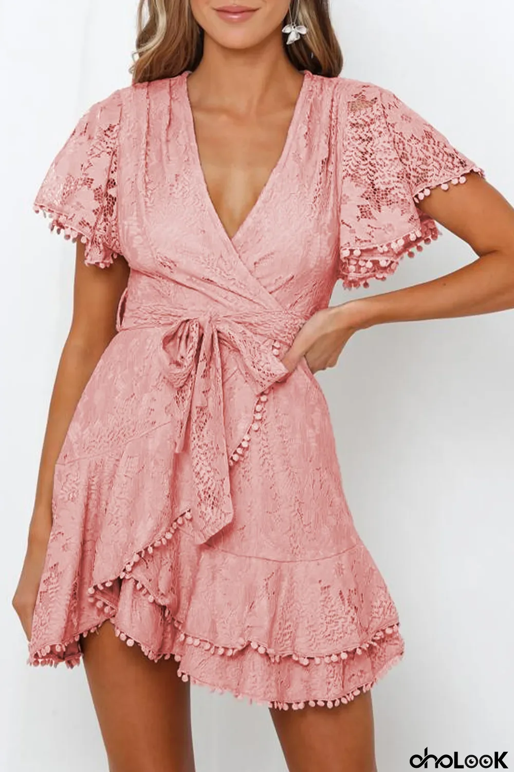 Pink Flutter Sleeve Wrap V Neck Floral Lace Short Dress
