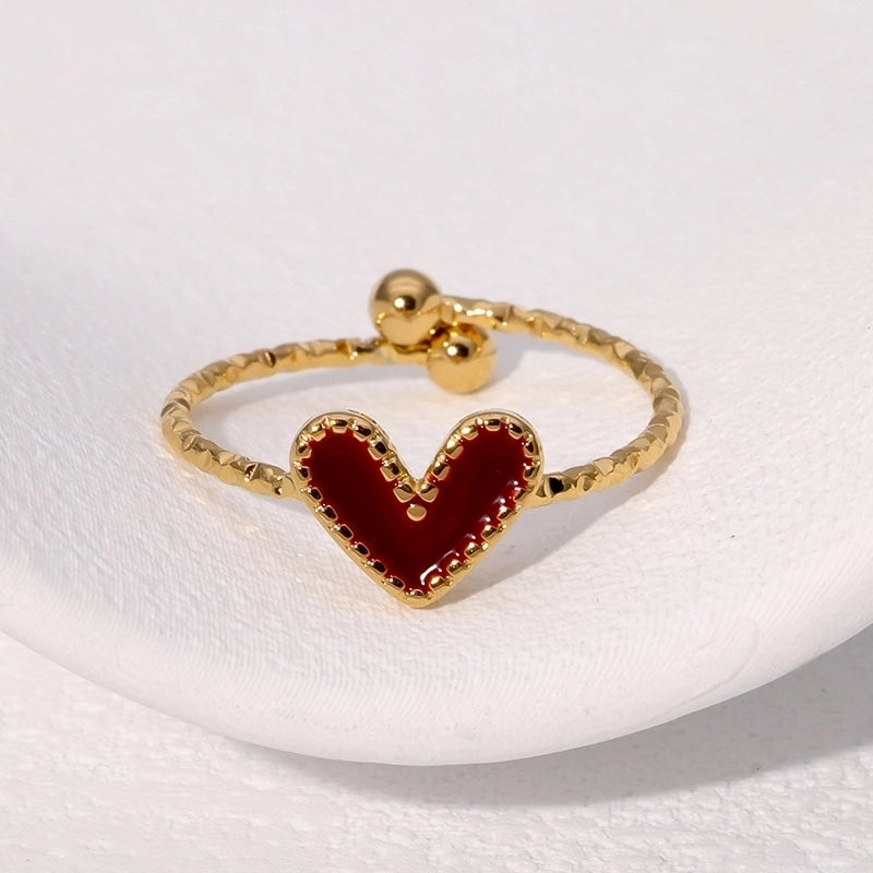 Cute Vintage Style Heart Shape 304 Stainless Steel 18K Gold Plated Enamel Open Rings