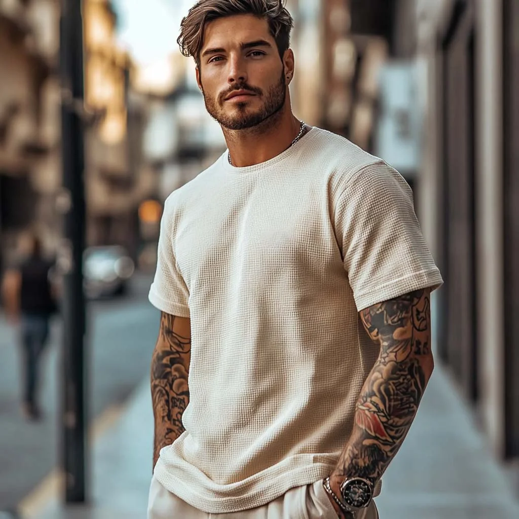 Men's Vintage Waffle Knit T-Shirt-INSPIREUSE