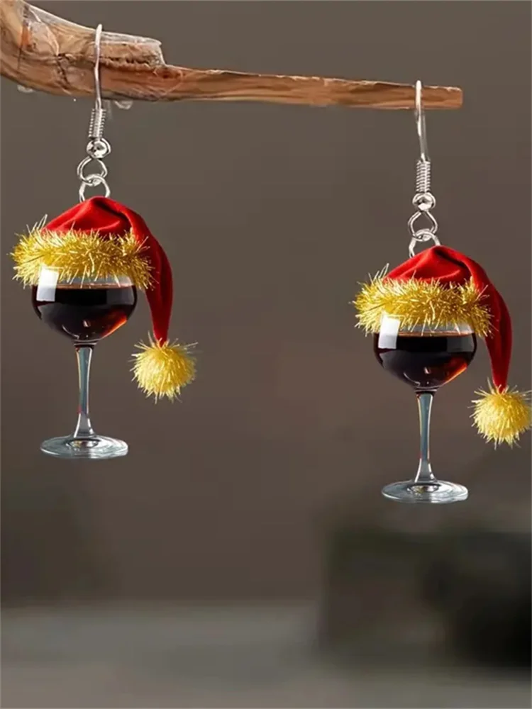 Christmas Wine Glass With Hat Funny Earrings