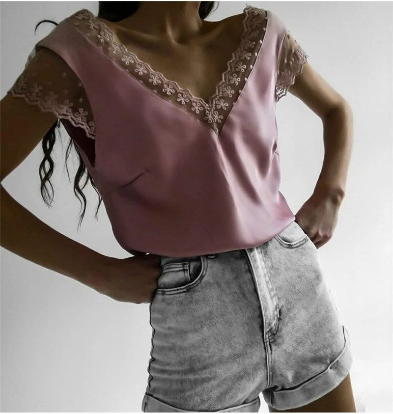 Womens Casual Short Sleeve Lace Tops and blouses elegant Ladies Summer V Neck Harajuku Blouse white Ladies blusa feminina