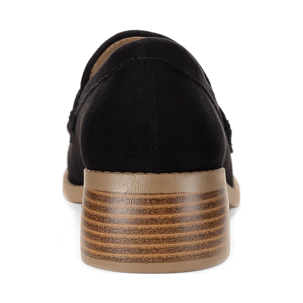 Classic Black Faux Suede Round Toe Block Heel Women's Loafers