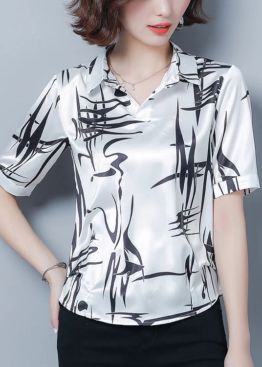 Style White Peter Pan Collar Print Silk Shirt Top Short Sleeve