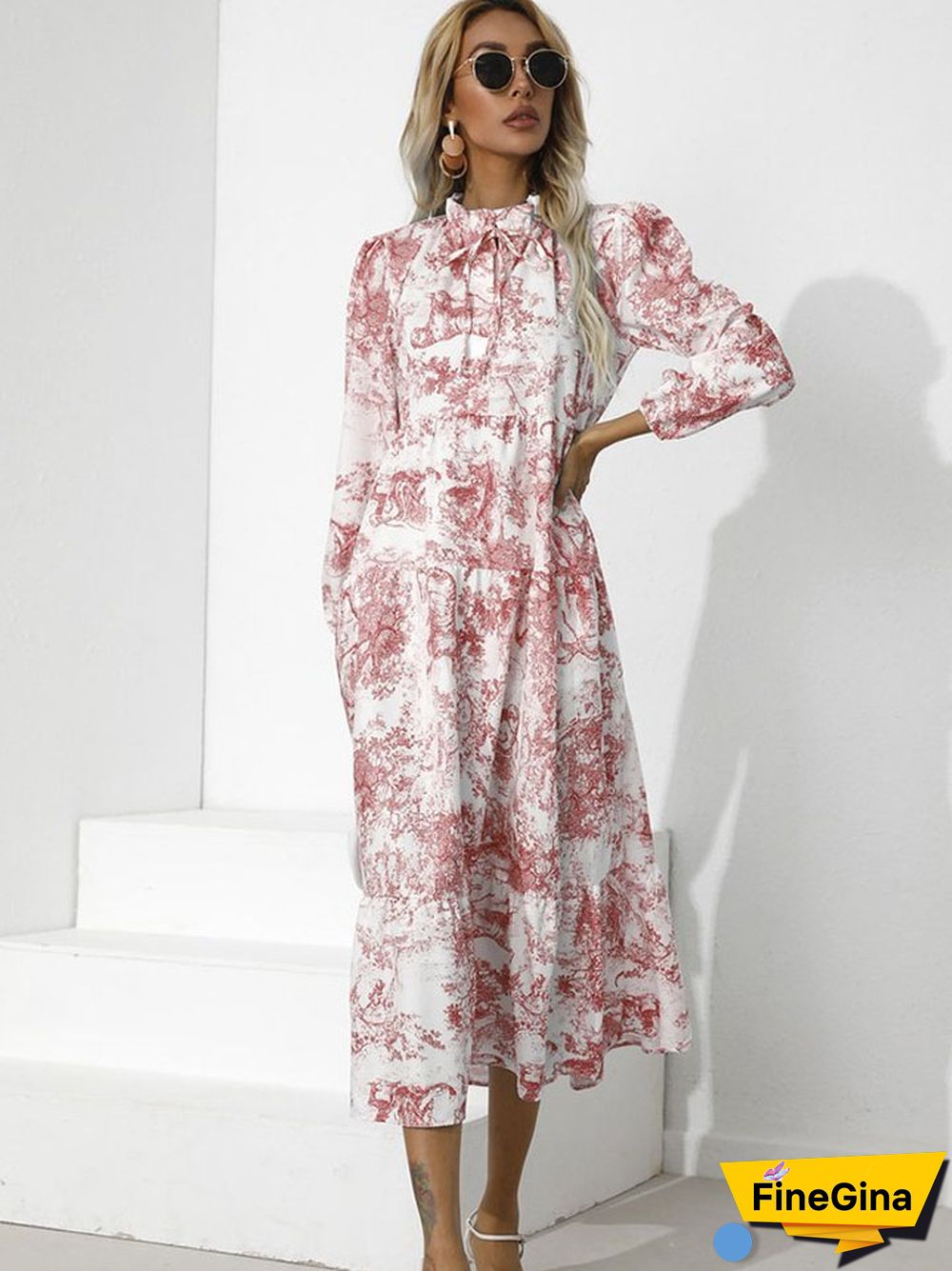 Printed Round Neck Loose Long Sleeve Dress