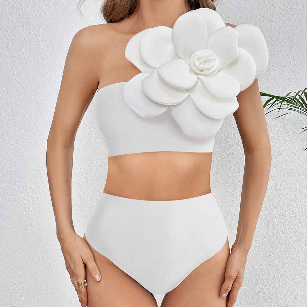 Churchf One-Shoulder Three-Dimensional Flower High-Waisted Solid Color Split Swimsuit Woman 2025 New Bikini