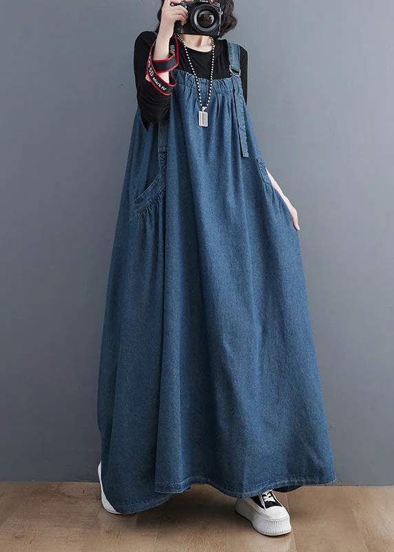 Plus Size Blue Pockets Patchwork Denim Spaghetti Strap Dress Sleeveless