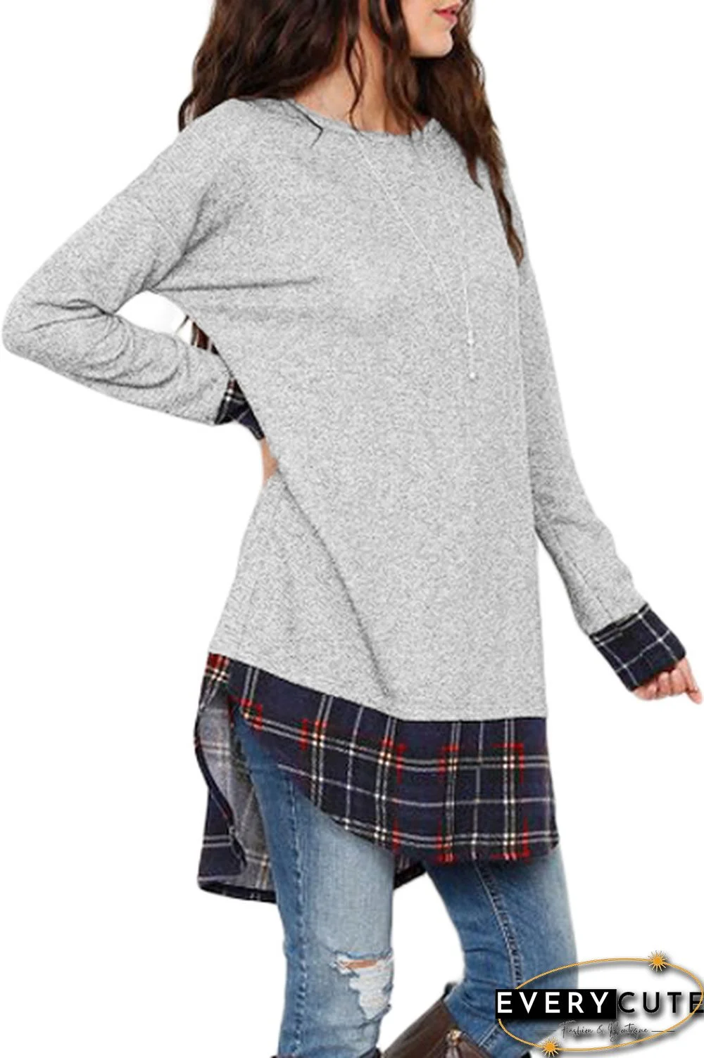 Plaid Splice Gray Long Sleeve Tunic Top