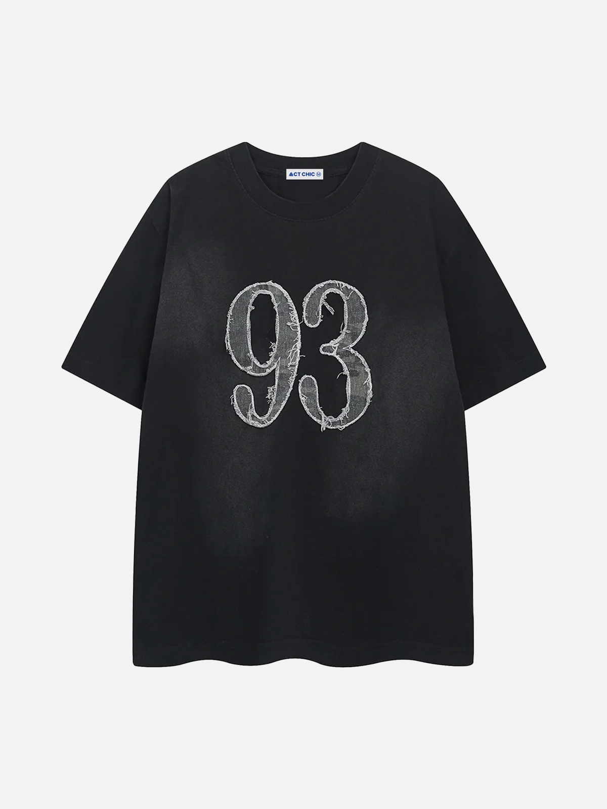 Black Act Chic Number Applique Embroidery Washed Tee Front