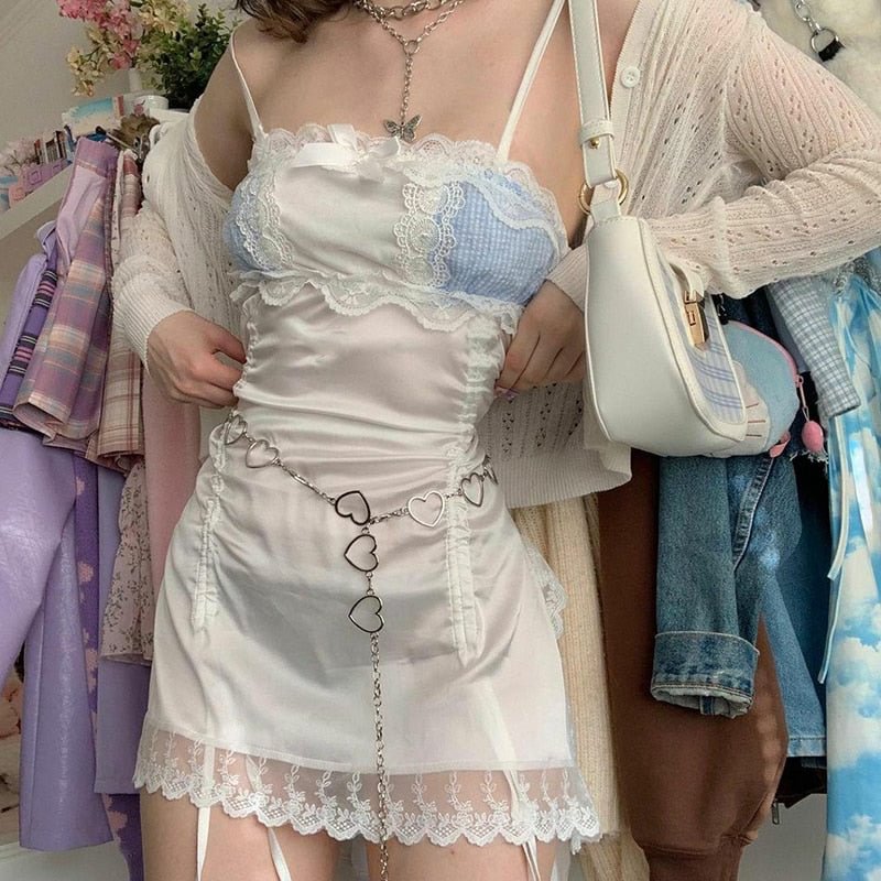 Xingqing Sweet Y2K Lace Slip Dress Party Holiday Sleeveless Mini Kawaii Dresses Lolita Robe 2000s Aesthetic Grunge Pink Outfit
