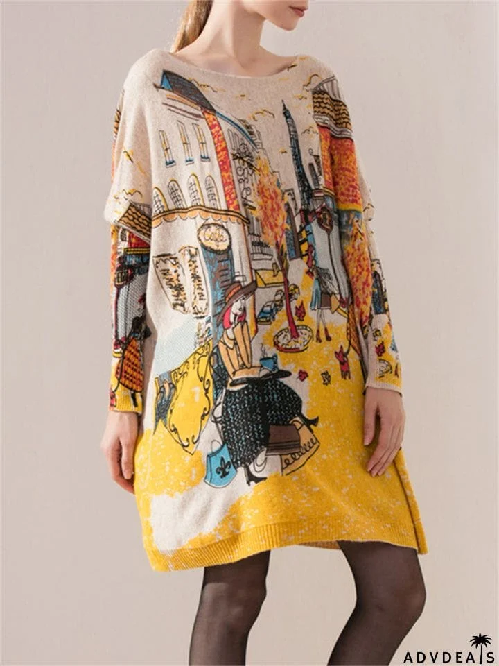 Autumn Winter  Large Size Knitting Pullover Printed Graffiti Women's Dresses