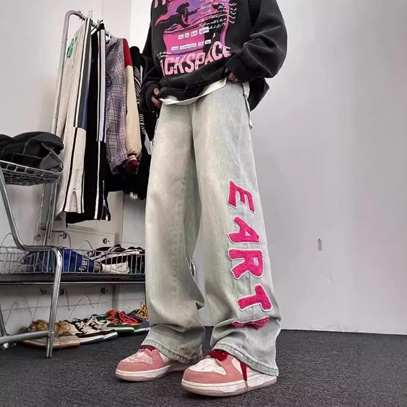 Trendy Brand Flocked Letters Oldschool Straight Jeans - SOPULA