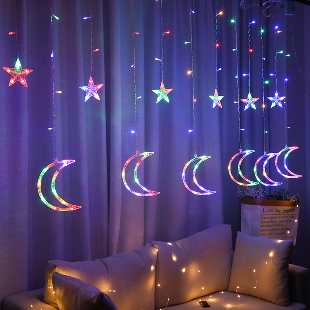 

LED Curtain 8Mode Star Moon Fairy-Curtain String Night Light, Us plug+colored light, 501 Original