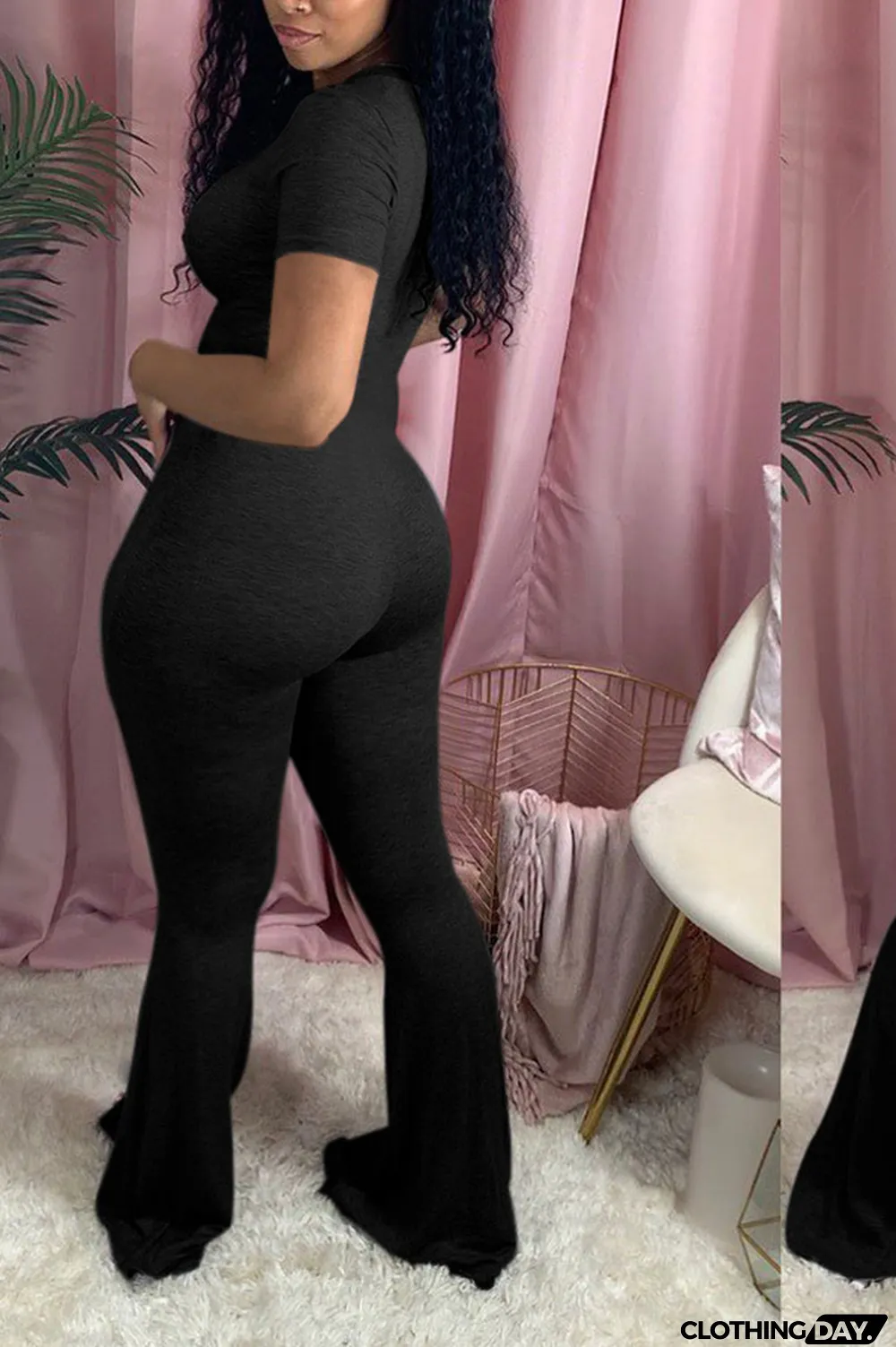 Black Sexy Patchwork Solid Short Sleeve O Neck Jumpsuits