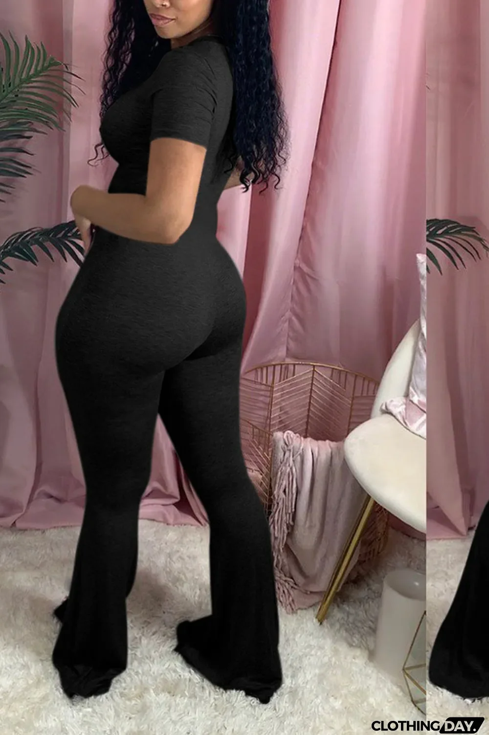 Black Sexy Patchwork Solid Short Sleeve O Neck Jumpsuits