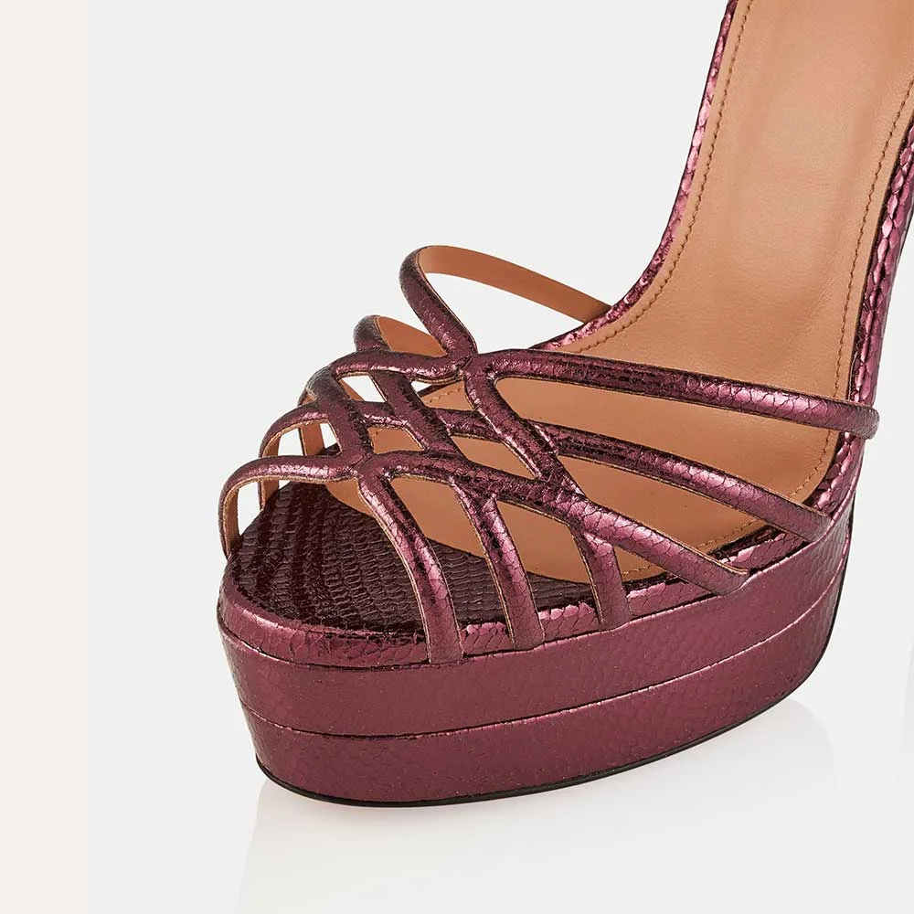 Purple Metallic Strappy Snake Print High Heels Sandals with Platform