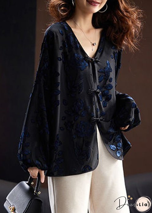 Loose Black V Neck Embroideried Button Velour Top Long Sleeve