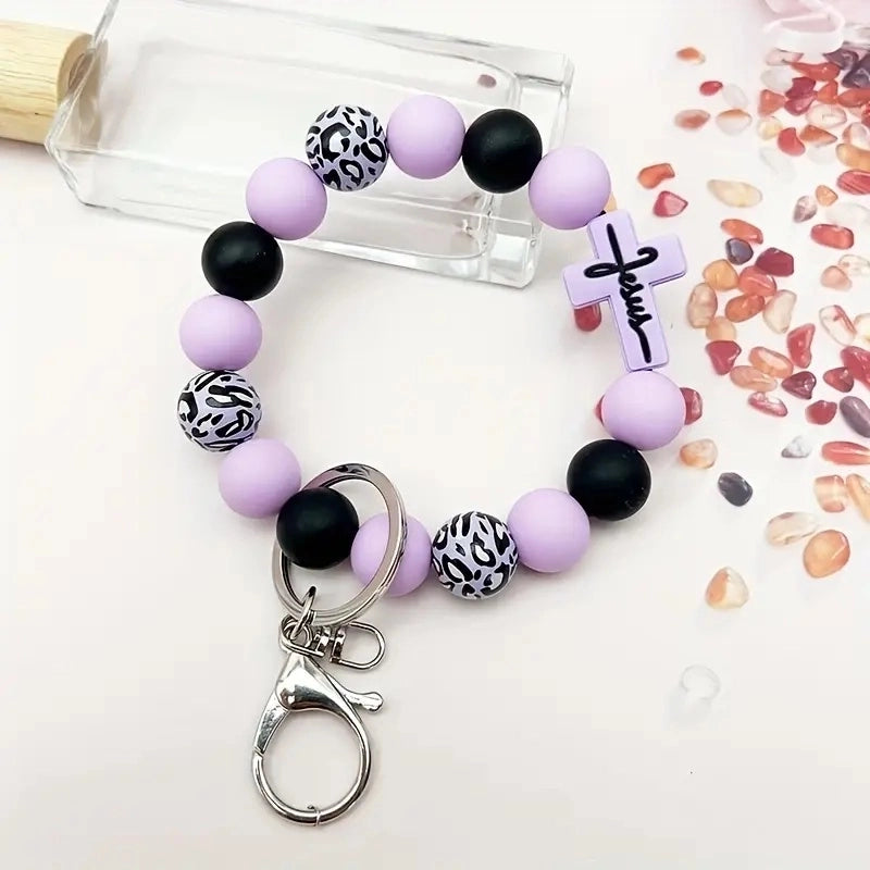 Casual Classic Style Sports Cross Leopard Alloy Wooden Beads Silica Gel Beaded Keychain
