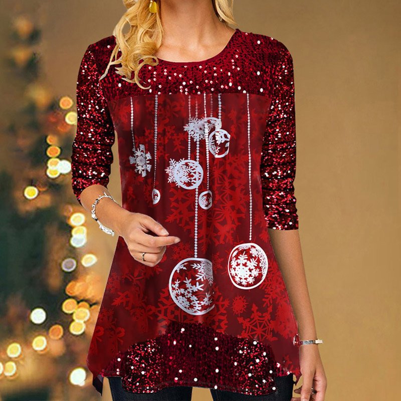 Christmas Snowflake Printed Sequins Women's Tops