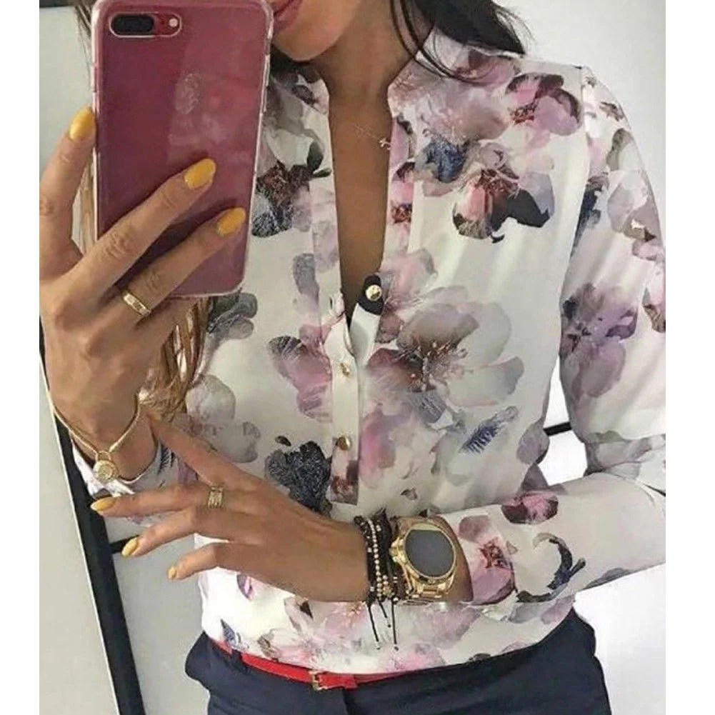 Long Sleeve Office Shirt Round Collar Floral Printed Shirt Blouse