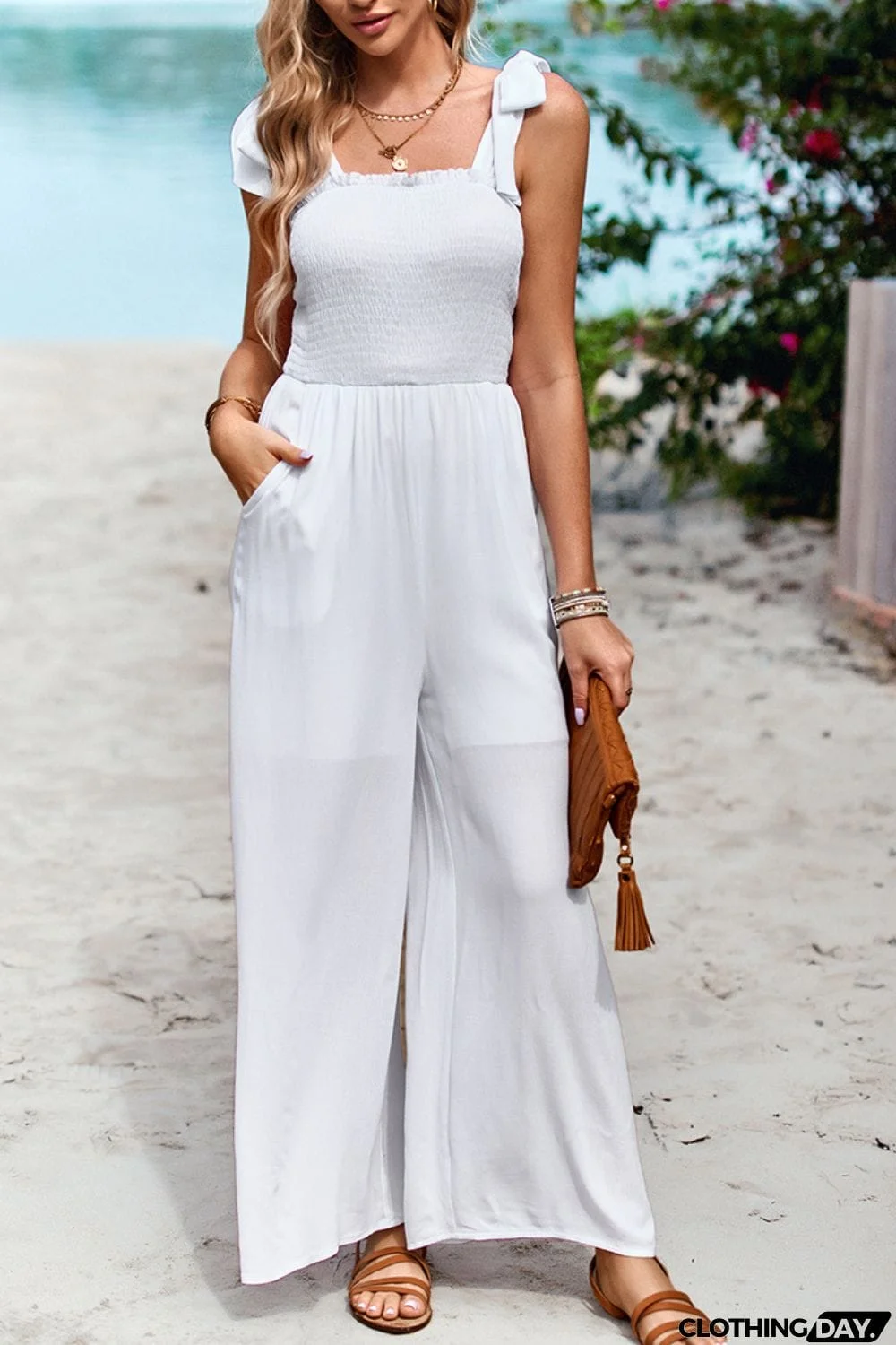 Frill Trim Tie Shoulder Wide Leg Jumpsuit with Pockets