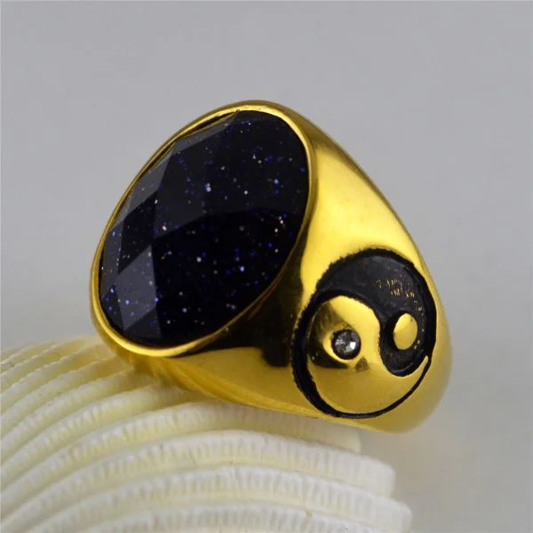 Natural Black Obsidian Yin Yang Bagua Vintage Personalized Ring