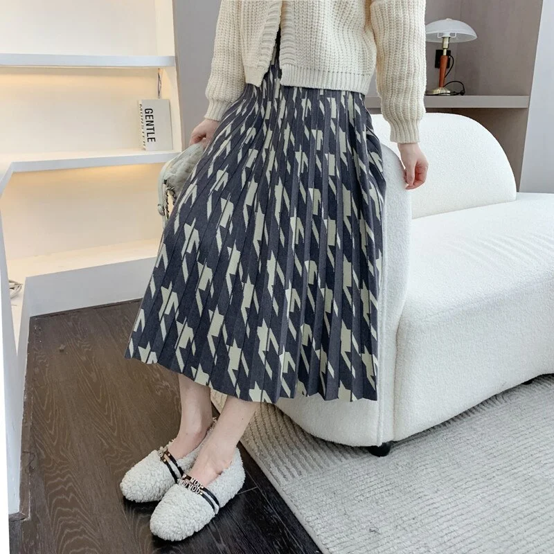 Brownm Autumn Winter Women's Knitted Skirts Elegant High Waist Houndstooth Long Skirts Female Clothing