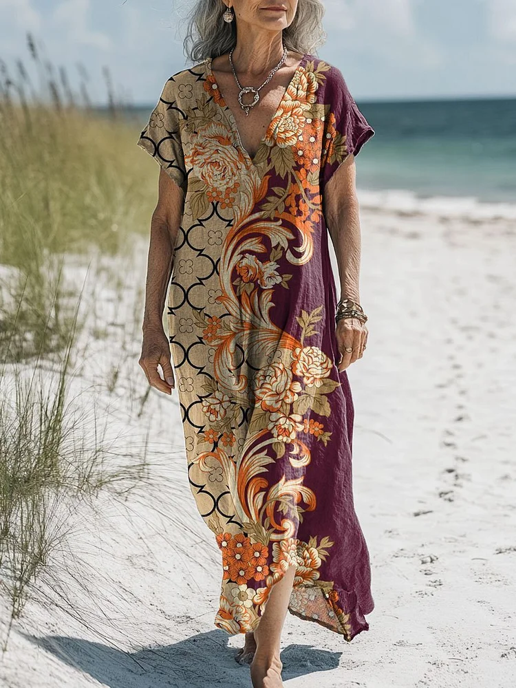 Women's Vintage Floral Colorful Art Print Pocket Cotton Dress