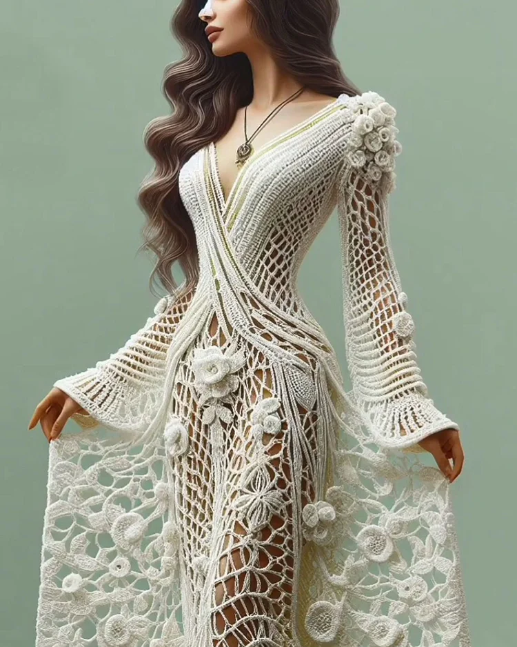 Retro V-Neck Crochet Floral Dress