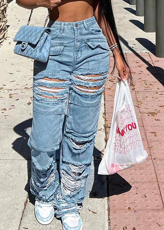 VCSHOES Blue Pockets Patchwork Ripped Jeans Summer
