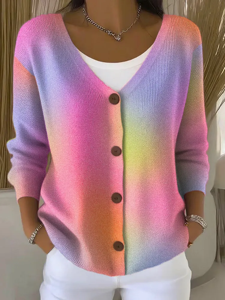 Color Gradient Print Buttoned V-neck Cardigan Sweater