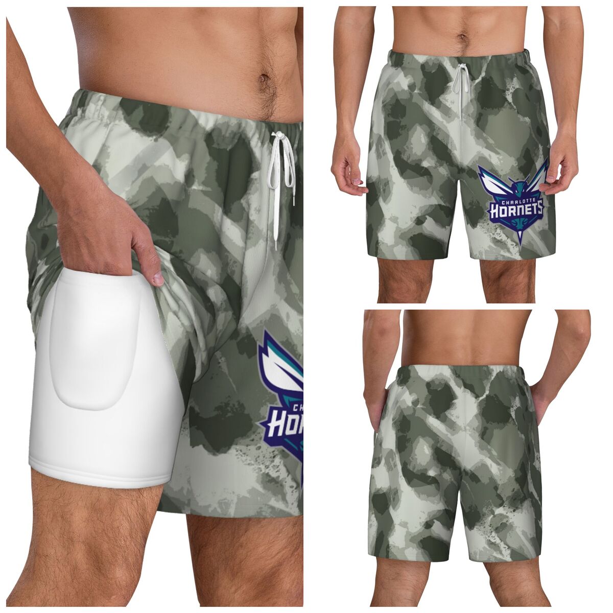 Charlotte Hornets Camo Men's Swim Trunks with Compression Liner