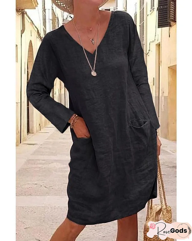 Women's T Shirt Dress Tee Dress Knee Length Dress - Long Sleeve Solid Color Pocket Summer V Neck Hot Casual Holiday Loose Black Yellow Khaki Gray Light Blue Linen