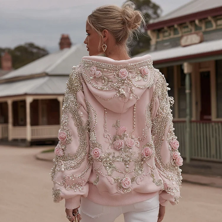 Women's Vintage Rose Pearl Embroidery Comfortable Warm Hoodie